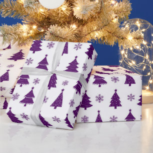 Festive Purple & White Christmas Trees Pattern Wrapping Paper