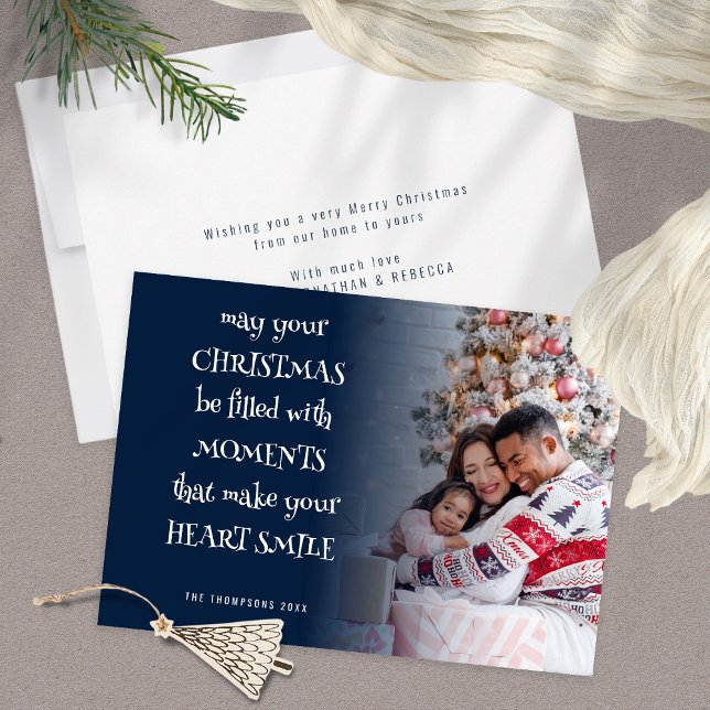 Festive Quote Photo Overlay Navy Blue Holiday Postcard (Fromnt and Back View)