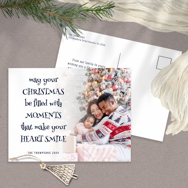 Festive Quote Photo Overlay Navy Blue White Holiday Postcard (Front and Back View. )