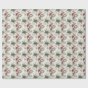 Festive Rabbit Christmas Holly Watercolor Wrapping Paper