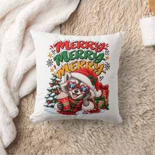 Festive Racoon Christmas Tree Hot Cocoa Merry Cushion