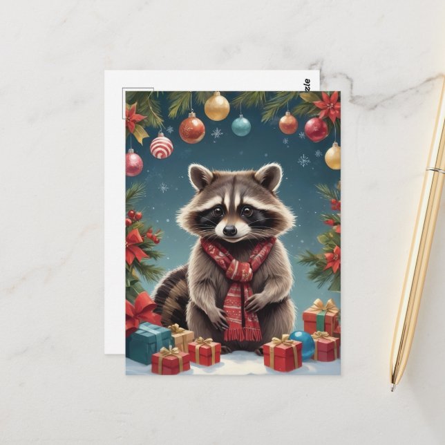 Festive Racoon in Christmas Lights Postcard (Front/Back In Situ)