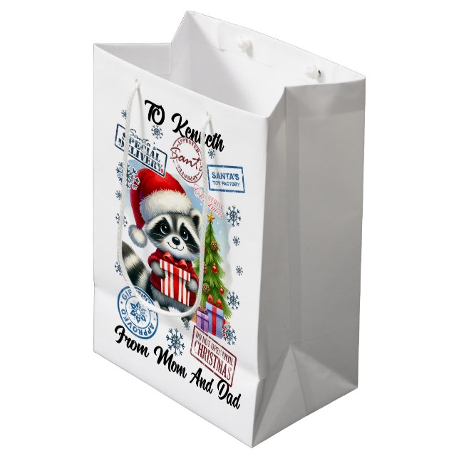 Festive Racoon Santa Sack & treat Medium Gift Bag (Front Angled)