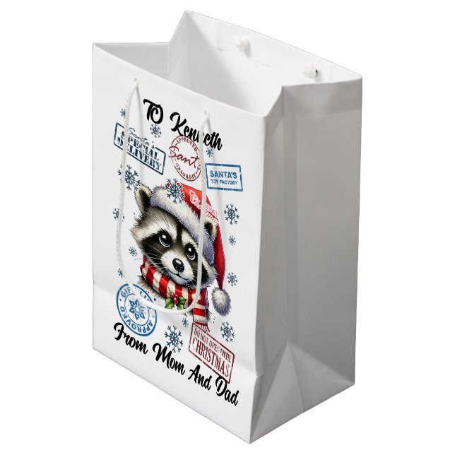 Festive Racoon With Holiday Stickers Medium Gift Bag (Front Angled)