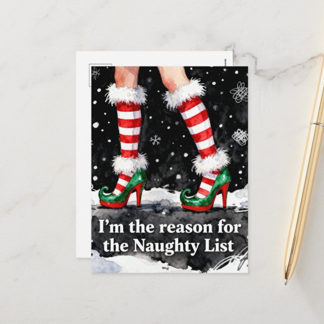 Festive Reason for the Naughty List Legs in Shoes Holiday Postcard (Front/Back In Situ)