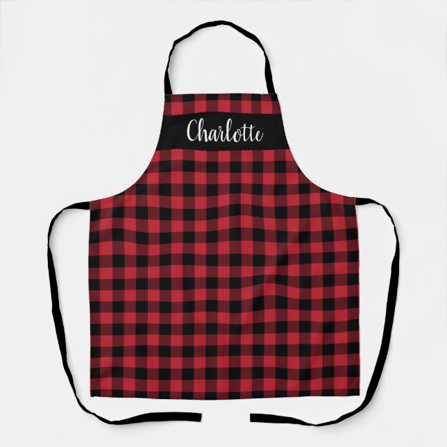 Festive Red and Black Buffalo Plaid Personalised Apron (Front)