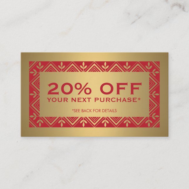 Festive Red and Faux Gold Discount Coupon Card (Front)