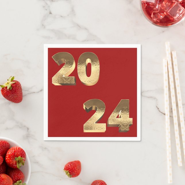 Festive Red and Faux Gold Happy New Year 2024 Napkin (Insitu)