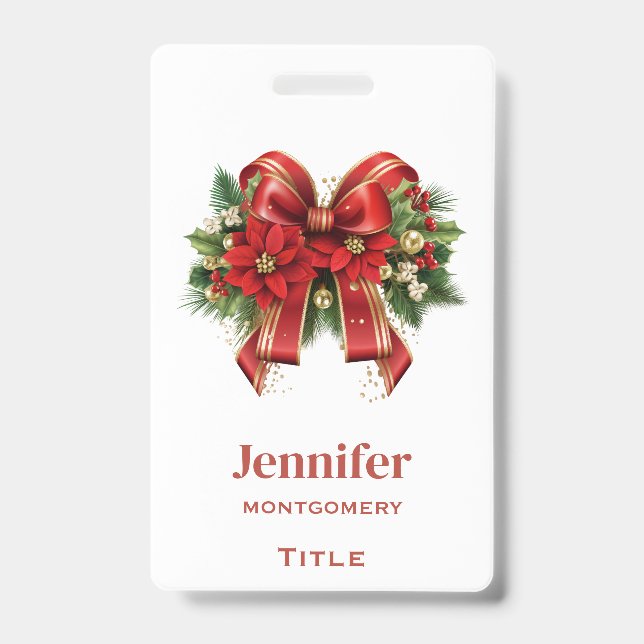 Festive Red and Gold Christmas Bow ID Badge (Front)