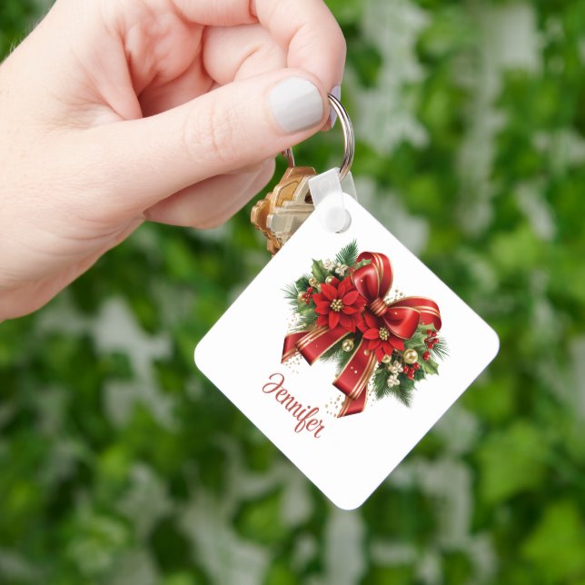 Festive Red and Gold Christmas Bow Key Ring (Hand)