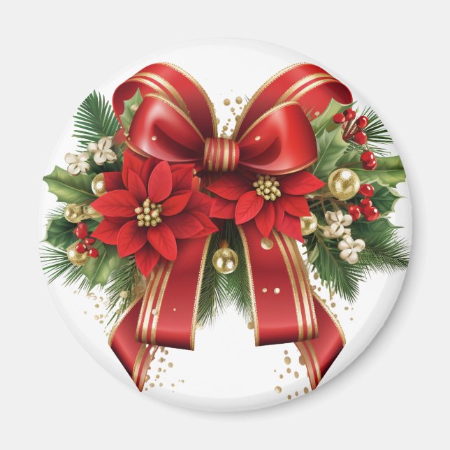 Festive Red and Gold Christmas Bow Magnet (Front)