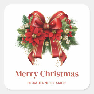 Festive Red and Gold Christmas Bow Square Sticker