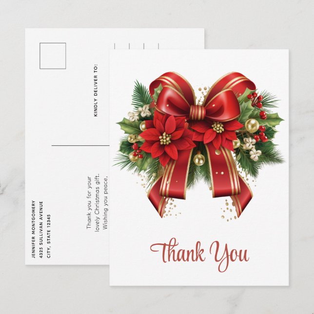 Festive Red and Gold Christmas Bow Thank You Postcard (Front/Back)