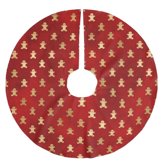 Festive Red and Gold Foil Winter Gingerbread Man Brushed Polyester Tree Skirt (Front)