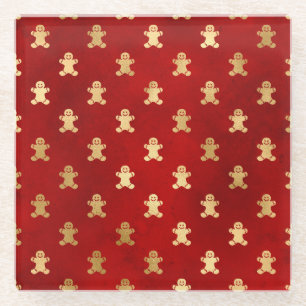 Festive Red and Gold Foil Winter Gingerbread Man Glass Coaster
