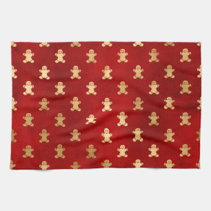 Festive Red and Gold Foil Winter Gingerbread Man Tea Towel