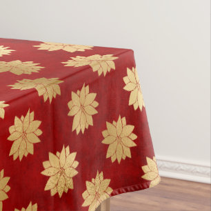 Festive Red and Gold Foil Winter Poinsettia Flower Tablecloth