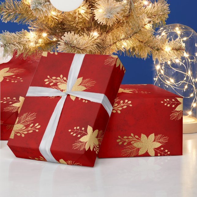 Festive Red and Gold Foil Winter Poinsettia Wrapping Paper (Holidays)