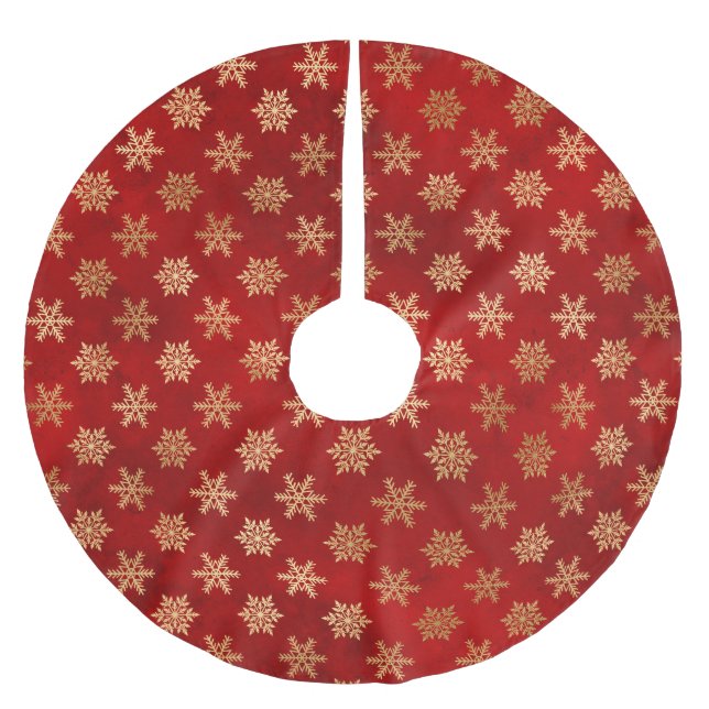 Festive Red and Gold Foil Winter Snowflakes Brushed Polyester Tree Skirt (Front)