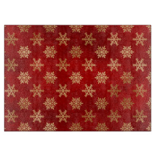 Festive Red and Gold Foil Winter Snowflakes Cutting Board