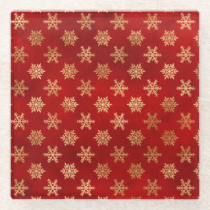 Festive Red and Gold Foil Winter Snowflakes Glass Coaster