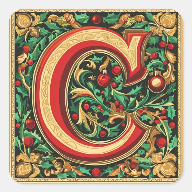 Festive Red and Gold Letter C  Square Sticker (Front)