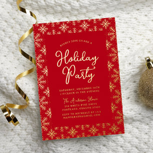 Festive Red and Gold Snowflakes Holiday Party
