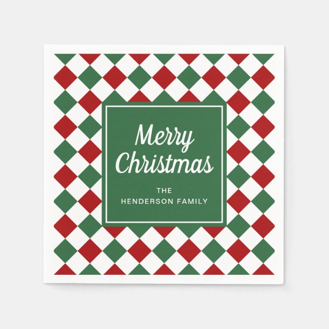 Festive Red And Green Check Merry Christmas Napkin (Front)