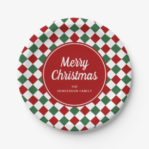 Festive Red And Green Checked Christmas Paper Plate