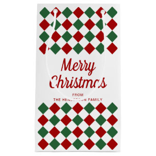 Festive Red And Green Checked Merry Christmas Small Gift Bag