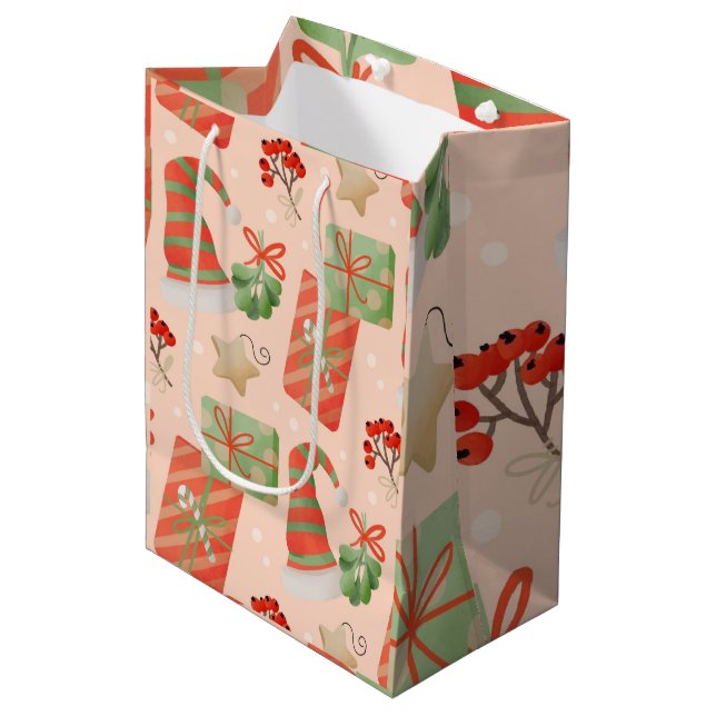Festive Red and Green Christmas Medium Gift Bag (Front Angled)