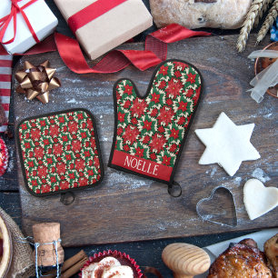 Festive Red and Green Graphic Poinsettia Floral Oven Mitt & Pot Holder Set