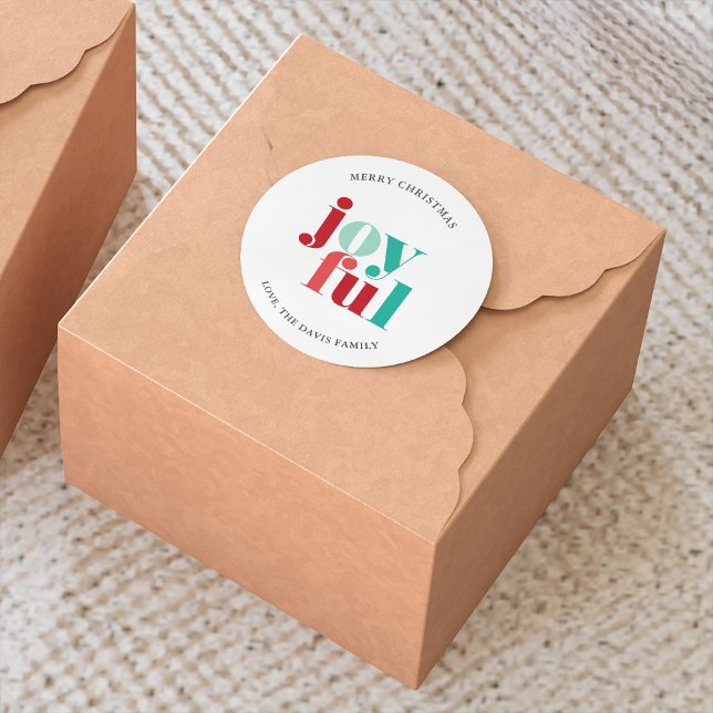 Festive Red and Green "Joyful" Christmas Custom Classic Round Sticker (Creator Uploaded)