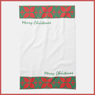 Festive Red and Green Modern Floral Tea Towel