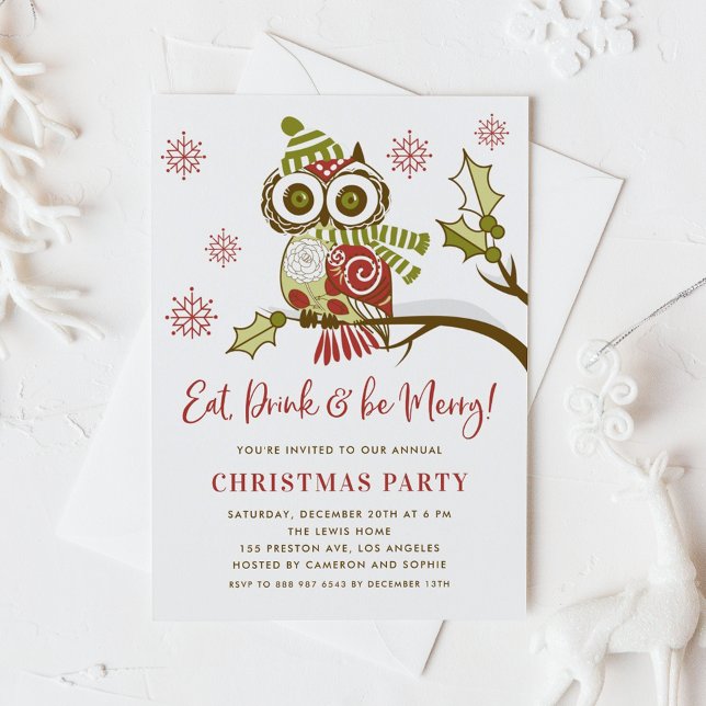 Festive Red and Green Owl Christmas Party Invitation (Creator Uploaded)
