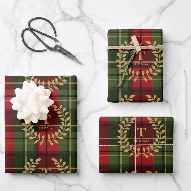 Festive Red And Green Plaid With Custom Monogram Wrapping Paper Sheet (Front)
