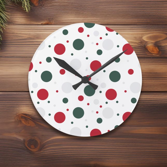 Festive Red and Green Polka Dot Christmas  Round Clock (Creator Uploaded)