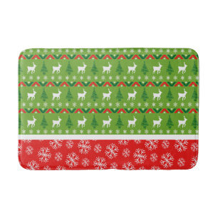Festive Red and Green Reindeers, Trees, Snowflakes Bath Mat