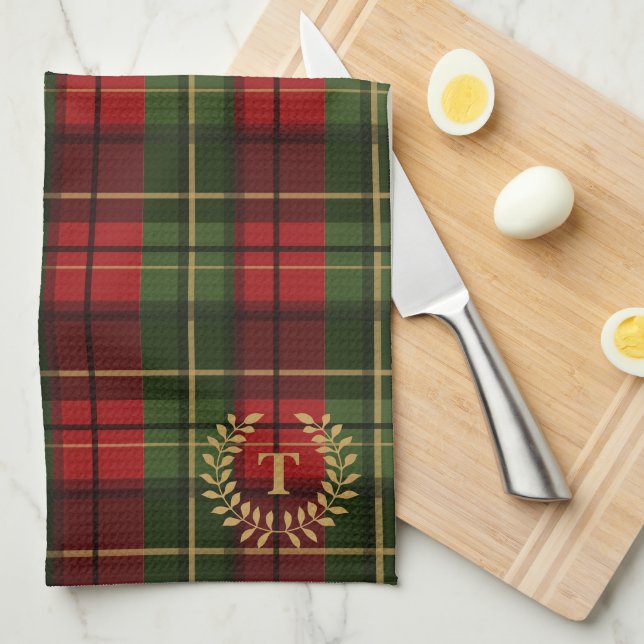 Festive Red And Green Tartan With Custom Monogram Tea Towel (Quarter Fold)