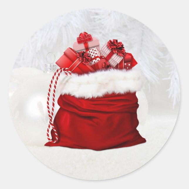 Festive red and white Christmas presents Classic Round Sticker (Front)