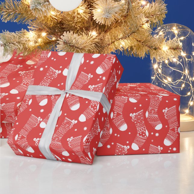Festive Red and White Christmas Stockings Pattern Wrapping Paper (Holidays)
