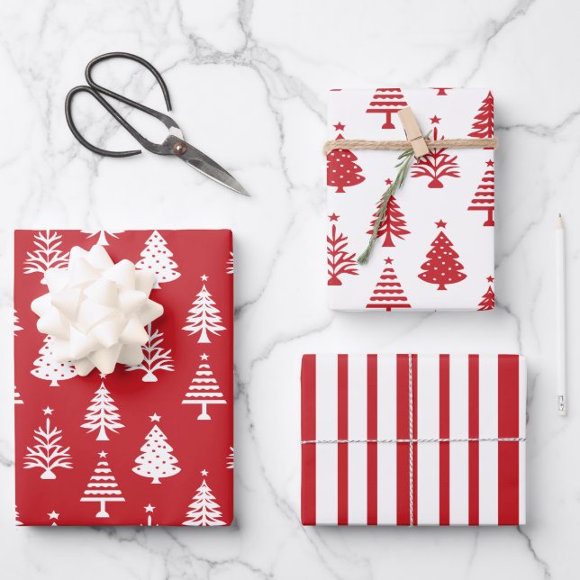 Festive Red and White Christmas Tree Pattern Wrapping Paper Sheet (Front)
