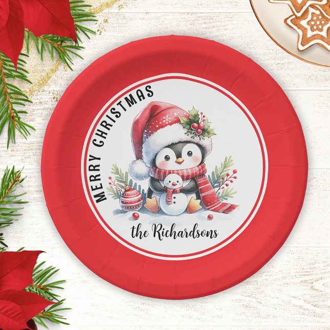 Festive Red and White Cute Penguin Merry Christmas Paper Plate (Creator Uploaded)