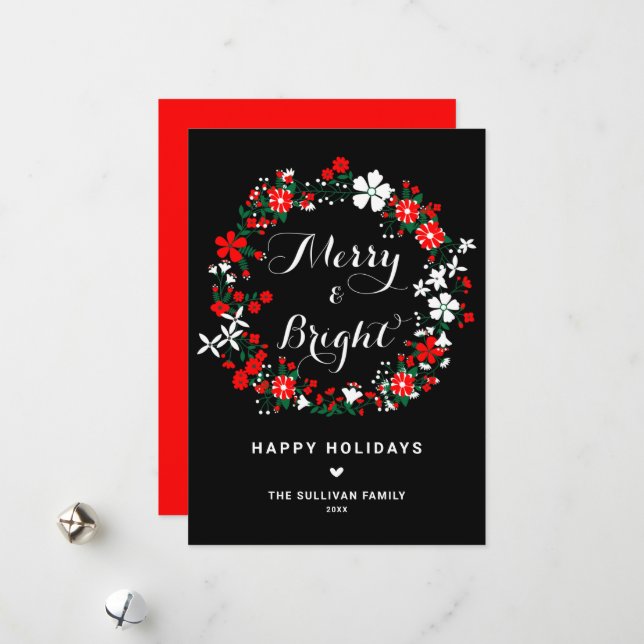 Festive Red and White Floral Wreath Christma Holiday Card (Front/Back In Situ)