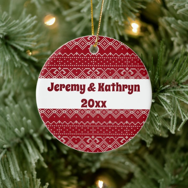 Festive Red and White Scandinavian Knit Pattern Ceramic Tree Decoration (Tree)