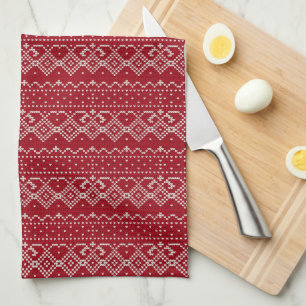 Festive Red and White Scandinavian Knit Pattern  Tea Towel
