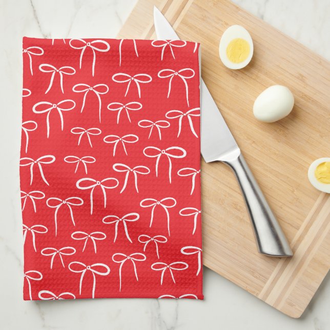 Festive Red and White Simple Bow Doodle Pattern Tea Towel (Quarter Fold)