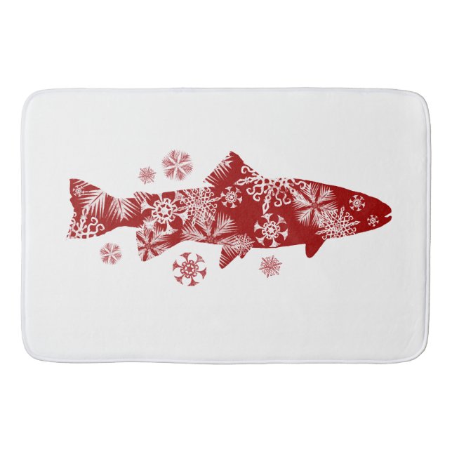 Festive Red and White Snow Trout Bath Mat (Front)