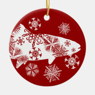 Festive Red and White Snow Trout Ceramic Tree Decoration