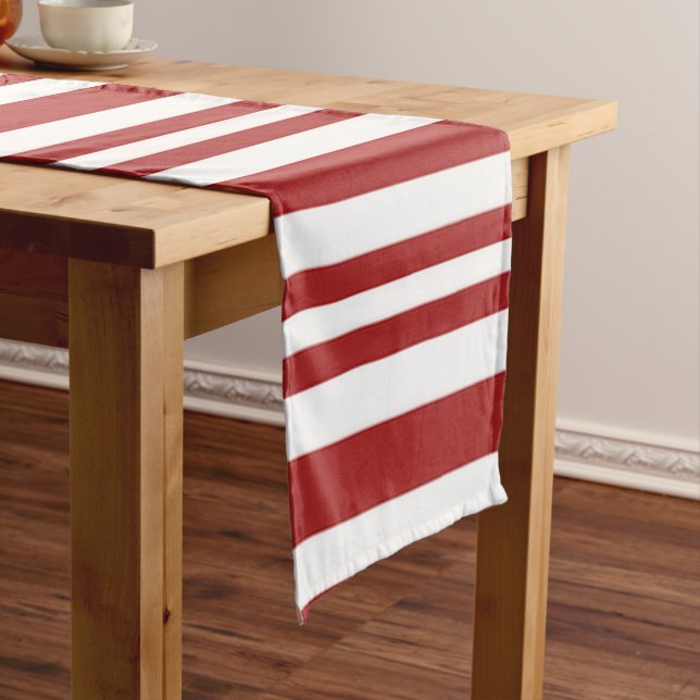 Festive red and white striped short table runner (In Situ)